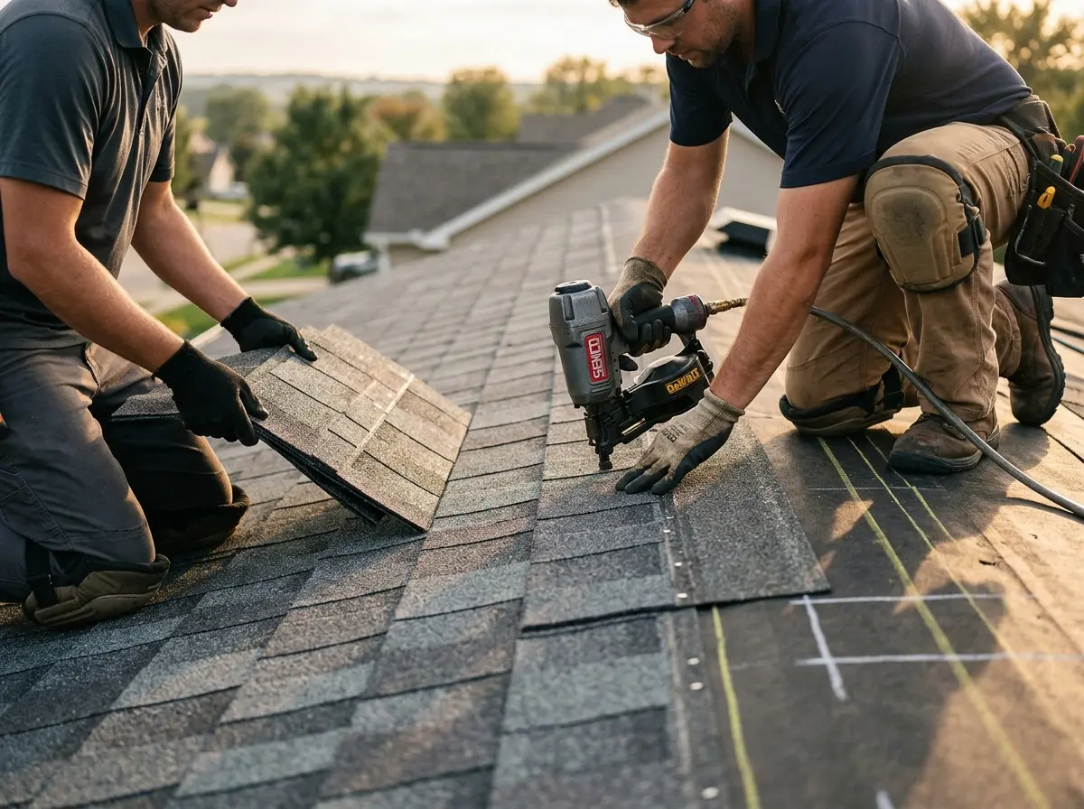 Professional roofer working on a residential roof in Harker Heights